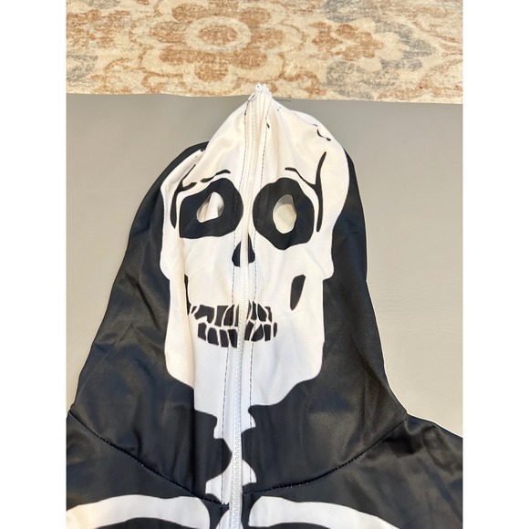 Skeleton Print Onesie Costume Hooded Jumpsuit Black‎ White Halloween - Picture 4 of 5